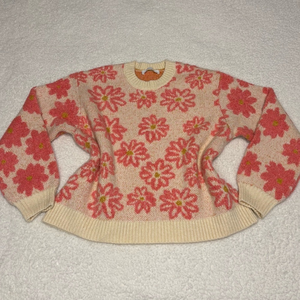 Promod France Women Floral Knit Crewneck Chunky Sweater